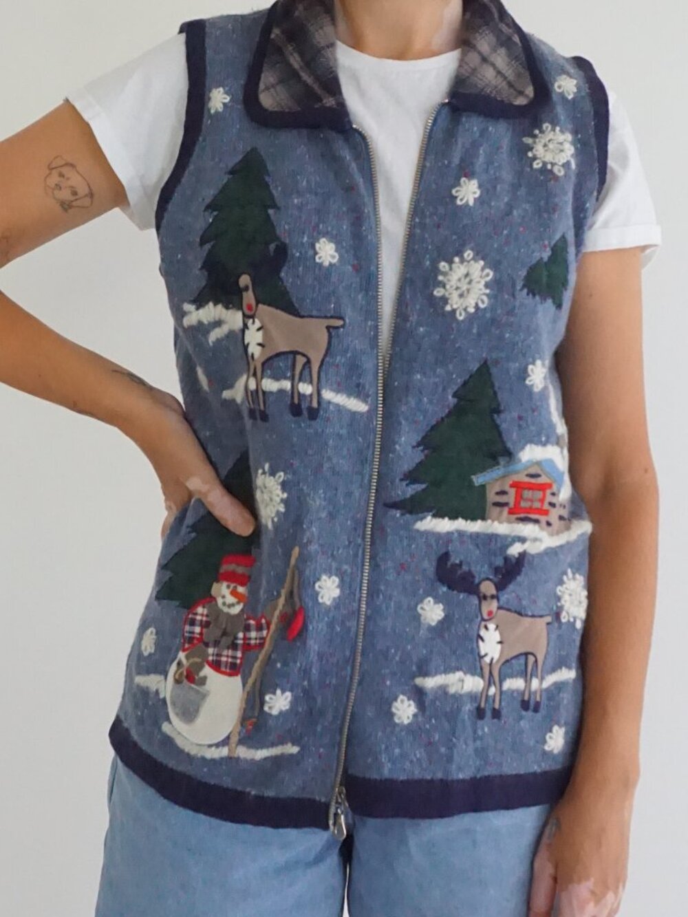 Vintage Victoria Jones Blue Navy Snowman Reindeer Snowflake Christmas Vest M
